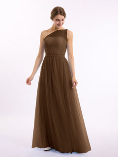One Shoulder Mesh Wedding Party Bridesmaid Gown Brown
