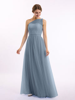 One Shoulder Mesh Wedding Party Bridesmaid Gown Dusty Blue