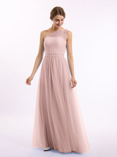 One Shoulder Mesh Wedding Party Bridesmaid Gown Dusty Rose