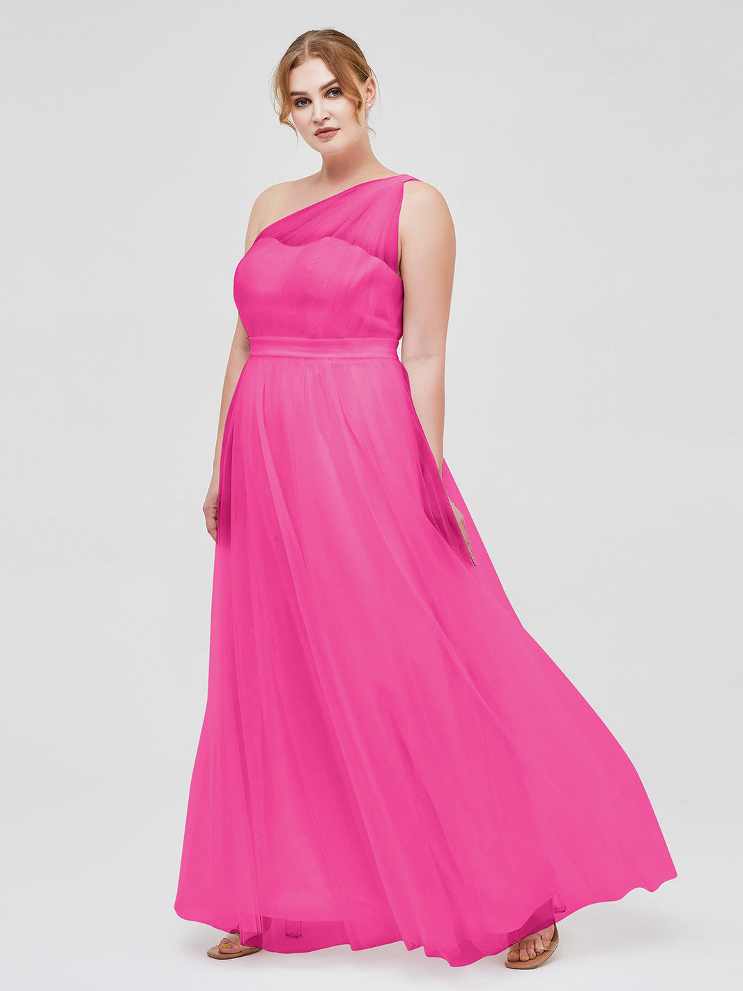 knee length dresses for ladies BABARONI Tulle Fuchsia Bridesmaid Dresses One Shoulder Floor-length  Sleeveless Ruched A-line main image 0