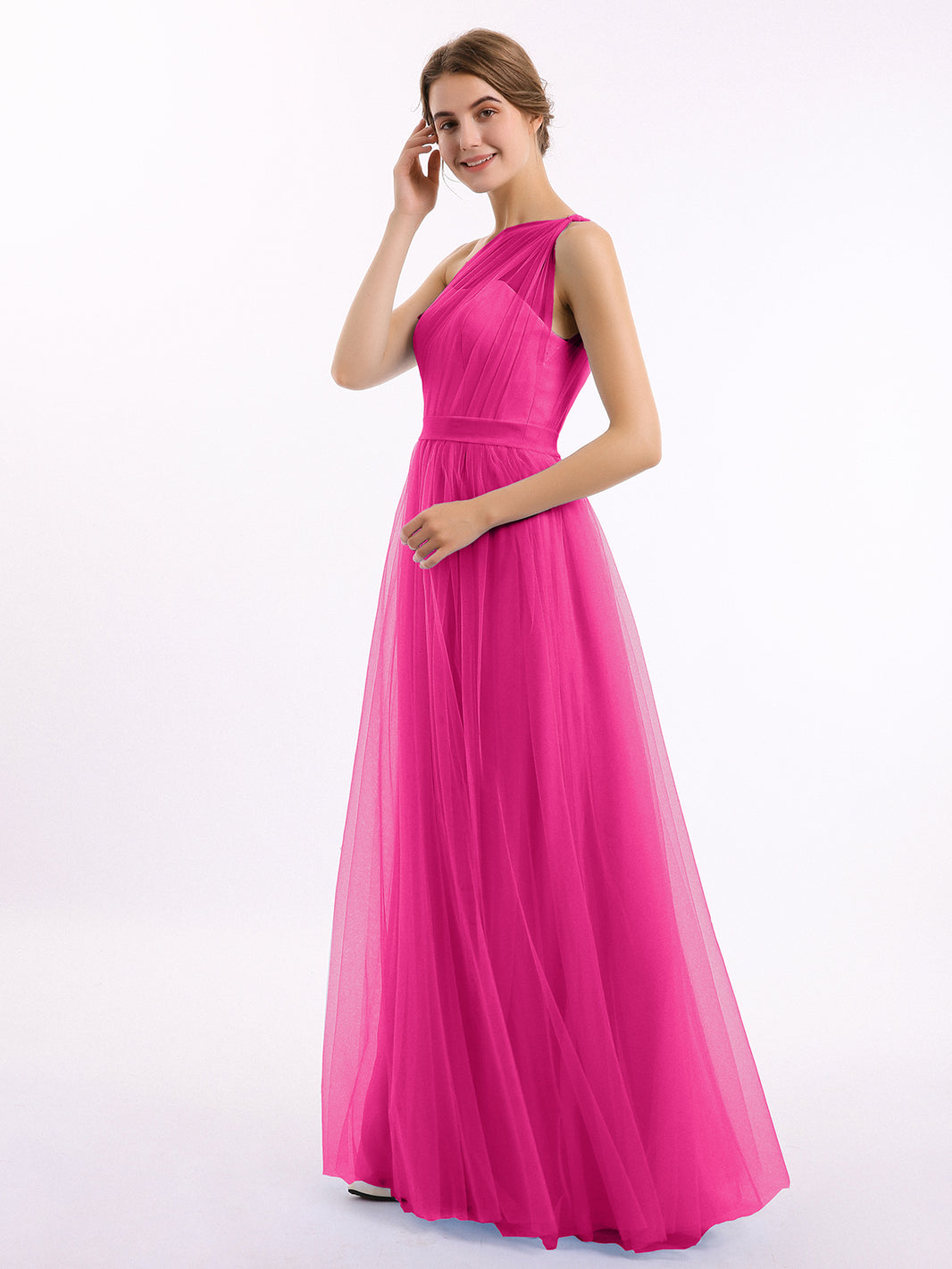 knee length dresses for ladies BABARONI Tulle Fuchsia Bridesmaid Dresses One Shoulder Floor-length  Sleeveless Ruched A-line