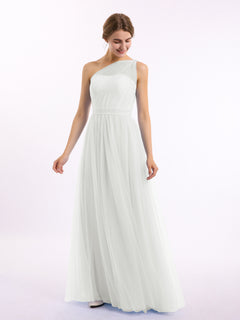 One Shoulder Mesh Wedding Party Bridesmaid Gown Ivory