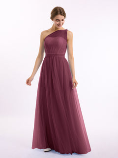One Shoulder Mesh Wedding Party Bridesmaid Gown Mulberry