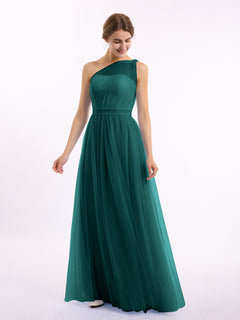 One Shoulder Mesh Wedding Party Bridesmaid Gown Peacock