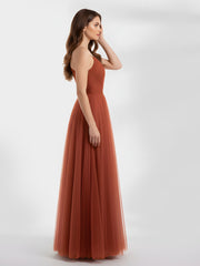 One Shoulder Mesh Wedding Party Bridesmaid Gown Rust