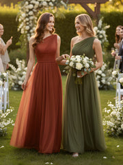 One Shoulder Mesh Wedding Party Bridesmaid Gown Rust