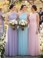 One Shoulder Mesh Wedding Party Bridesmaid Gown Rust