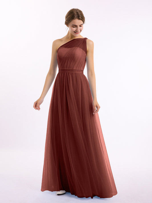One Shoulder Mesh Wedding Party Bridesmaid Gown Terracotta