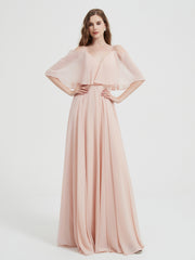 Ruffles Sleeves Spaghetti Strap Chiffon Dresses Pearl Pink