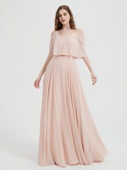 Ruffles Sleeves Spaghetti Strap Chiffon Dresses Pearl Pink