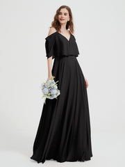 Ruffles Sleeves Spaghetti Strap Chiffon Dresses Black