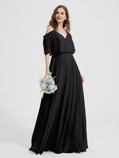 Ruffles Sleeves Spaghetti Strap Chiffon Dresses Black Plus Size