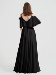 Ruffles Sleeves Spaghetti Strap Chiffon Dresses Black
