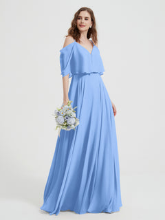 Ruffles Sleeves Spaghetti Strap Chiffon Dresses Blue Plus Size