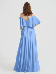 Ruffles Sleeves Spaghetti Strap Chiffon Dresses Blue