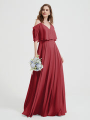 Ruffles Sleeves Spaghetti Strap Chiffon Dresses Burgundy