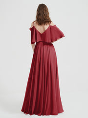Ruffles Sleeves Spaghetti Strap Chiffon Dresses Burgundy