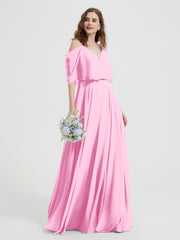 Ruffles Sleeves Spaghetti Strap Chiffon Dresses Candy Pink