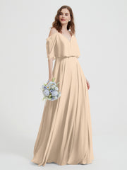Ruffles Sleeves Spaghetti Strap Chiffon Dresses Champagne