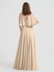 Ruffles Sleeves Spaghetti Strap Chiffon Dresses Champagne