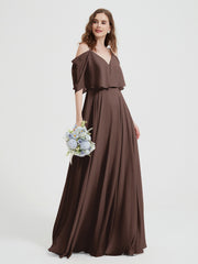 Ruffles Sleeves Spaghetti Strap Chiffon Dresses Chocolate