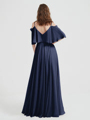 Ruffles Sleeves Spaghetti Strap Chiffon Dresses Dark Navy