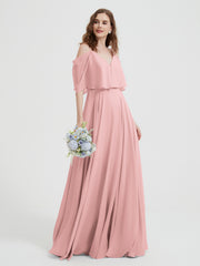 Ruffles Sleeves Spaghetti Strap Chiffon Dresses Dusty Rose