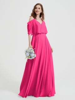 Ruffles Sleeves Spaghetti Strap Chiffon Dresses Fuchsia