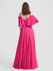 Ruffles Sleeves Spaghetti Strap Chiffon Dresses Fuchsia