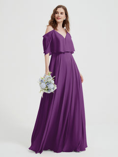 Ruffles Sleeves Spaghetti Strap Chiffon Dresses Grape