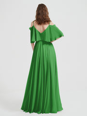 Ruffles Sleeves Spaghetti Strap Chiffon Dresses Green