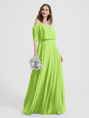 Ruffles Sleeves Spaghetti Strap Chiffon Dresses Lime Green