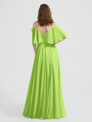 Ruffles Sleeves Spaghetti Strap Chiffon Dresses Lime Green
