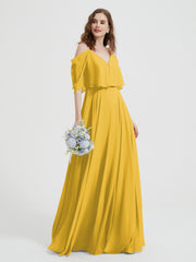 Ruffles Sleeves Spaghetti Strap Chiffon Dresses Marigold