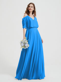 Ruffles Sleeves Spaghetti Strap Chiffon Dresses Ocean Blue Plus Size