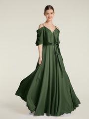 Ruffles Sleeves Spaghetti Strap Chiffon Dresses Olive Green