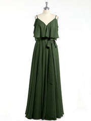 Ruffles Sleeves Spaghetti Strap Chiffon Dresses Olive Green