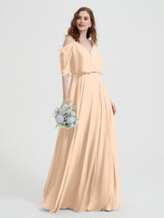 Ruffles Sleeves Spaghetti Strap Chiffon Dresses Peach