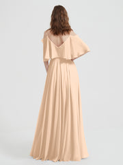 Ruffles Sleeves Spaghetti Strap Chiffon Dresses Peach