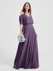Ruffles Sleeves Spaghetti Strap Chiffon Dresses Plum