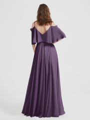 Ruffles Sleeves Spaghetti Strap Chiffon Dresses Plum