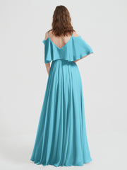 Ruffles Sleeves Spaghetti Strap Chiffon Dresses Pool