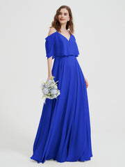Ruffles Sleeves Spaghetti Strap Chiffon Dresses Royal Blue Plus Size