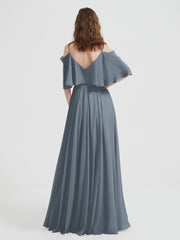 Ruffles Sleeves Spaghetti Strap Chiffon Dresses Slate Blue