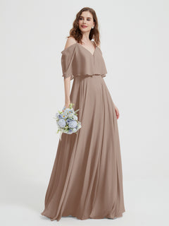 Ruffles Sleeves Spaghetti Strap Chiffon Dresses Taupe Plus Size