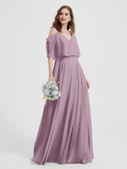 Ruffles Sleeves Spaghetti Strap Chiffon Dresses Vintage Mauve