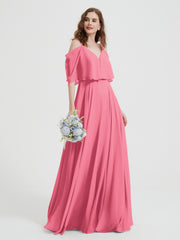 Ruffles Sleeves Spaghetti Strap Chiffon Dresses Watermelon