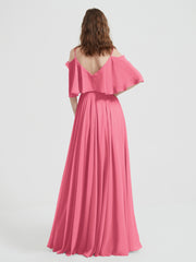 Ruffles Sleeves Spaghetti Strap Chiffon Dresses Watermelon