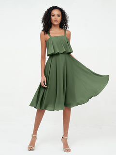 Shoulder Straps Round Skirt Short Chiffon Dresses Olive Green