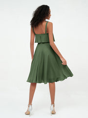 Shoulder Straps Round Skirt Short Chiffon Dresses Olive Green